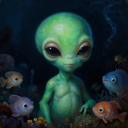 a close - up view, renaissance portrait of an adorable cute little alien underwater surrounded by sea creatures. deep blue and green tones. night time. gloomy dark black background. highly detailed fantasy science fiction portrait painting by norman rockwell, moebius, frank frazetta, and syd mead. rich colors, high contrast. artstation