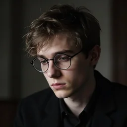 man with glasses and short unkempt hair, young male, nerd, face, brooding, dark room, emotional, photorealistic, soft white light, highly detailed, elegant, artstation, digital art by furio tedeschi and charlie bowater and valentina remenar