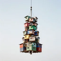 a suspending tower made up of colourful makeshift squatter houses, mamiya, 8 5 mm, f 1. 7, uniform plain sky, digital glitches, photographed by nick knight