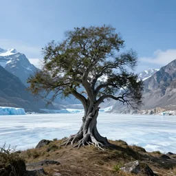 large fantasy crooked gray tree on a small hill in the middle of a huge cold valley of ice with large mountains in the background, by craig mullins, hyperrealistic, hyper real, octane render, vivid, cinematic