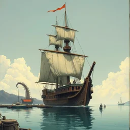 a beautiful illustration of a solitary monstrous sail ship anchored at harbor, beastly, predator, anatomical, biological, by ghibli, by moebius, by frazetta trending on artstation, masterpiece, clear shape, macabre, multiple angles, rule of thirds, exquisite