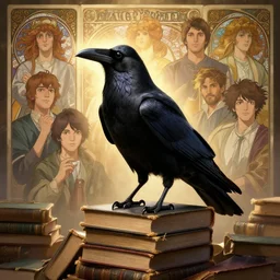 highly detailed portrait of a raven standing on a pile of old books, stephen bliss, unreal engine, fantasy art by greg rutkowski, loish, rhads, ferdinand knab, makoto shinkai and lois van baarle, ilya kuvshinov, rossdraws, tom bagshaw, alphonse mucha, global illumination, radiant light, detailed and intricate environment