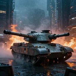 large futuristic tank with 3 turrets taking over a futuristic city on fire, night, fog, thunder, rain, cinematic, volumetric lighting, f 8 aperture, cinematic eastman 5 3 8 4 film, photorealistic