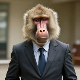 baboon wearing a suit and tie, ready for a meeting, close portrait