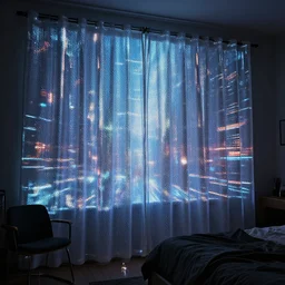 drapes with curved translucent pixels projecting detailed sci - fi art, pixel perfect photograph, high contrast, volumetric lighting, thin glowing lights, bedroom, chairs, users, pair of keys