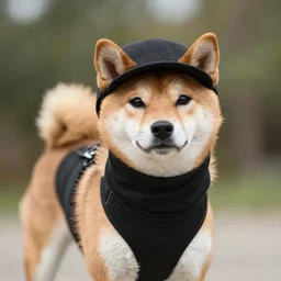 a portrait shiba inu wearing a a black turtle neck and wearing a black barret, looking at the camera, bokeh, depth of feild, dslr photo
