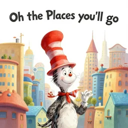 fanciful city filled with curvy buildings, by dr seuss, oh the places you'll go, towers, platforms, arches, bridges, stairs, colorful kids book illustration