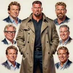 full body and head portrait of brock lesnar as a mutant villain wearing a trench coat, painted by norman rockwell and phil hale and greg staples and tom lovell and frank schoonover and jack kirby