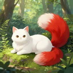 white cat with fluffy red tail like fox tail lying at sunny forest, high detailed, anime, fantasy, uhd, ray tracing