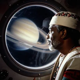 analogue photo of an African tribal chief inside the orbiter of a space shuttle, looking at porthole window, saturn seen outside porthole window, close-up, colour, photo shot by martha cooper, 35mm,