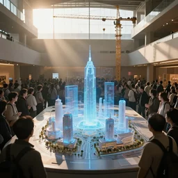 crowd of people in large open museum, looking at hologram of futuristic city on a table, cinematic concept art, godrays, golden hour, natural sunlight, 4 k, clear details, tabletop model buildings, center model buildings, hologram center, crane shot, crane shot, crane shot