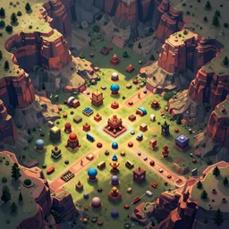 ! dream aerial isometric view of a great canyon filled with resources, art from a resource gathering game