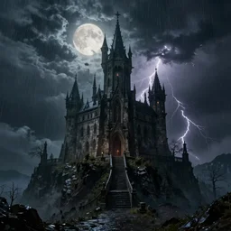 a photorealistic hyperrealistic render of a scary gothic castle on an high peak, heavy rain, thunderstorm, by greg rutkowski, wlop, artgerm, dramatic moody moon lighting, long shadows, volumetric, cinematic atmosphere, octane render, artstation, 8 k