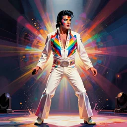 elvis presley performing in a jumpsuit, art by alessandro pautasso, rainbow geometric face, fractal, paint splash, full body, cell shaded, beautiful