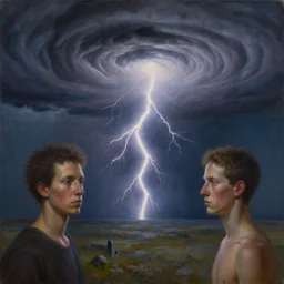 a surreal cognitive illusion, lightning storm, hurricane, by oleg shupliak and jeffrey smith, oil on canvas, afrofuturism, surrealism