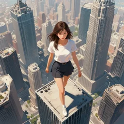 beautiful girl larger than skyscrapers walks around the city, bird's eye view, highly detailed, digital painting, artstation, sharp focus, illustration, super realistic, octane render