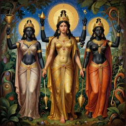 aztec jungle, triad of black - skinned characters as mighty goddesses and gods, neoclassicism roman renaissance painting scene, eva poster, fantastical greek art, hindu latina idol obsidian skin cyberpunk, favourite movie still, cycles, highest quality, golden ratio, very colorful, exquisitely tasteless, starry sky, heresy, orthodox icon
