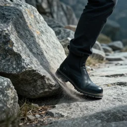 detail of a boot sliiping in a granite rock in a path in avila mountains slipping in a granite rock, 4 k, concept art, by wlop, ilya kuvshinov, artgerm, krenz cushart, greg rutkowski, pixiv. cinematic dramatic atmosphere, sharp focus, volumetric lighting, cinematic lighting, studio quality