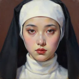hyperrealism oil painting, close up portrait fashion nun model, sad eyes, in style of classicism mixed with 8 0 s sci - fi japanese books art