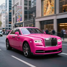 photograph of a shiny hot pink rolls royce, with a sleek spoiler, driving down the streets of london cyberpunk city, by greg rutkowski, by stanley artgerm, by alphonse mucha