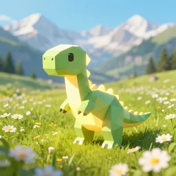 lowpoly ps 1 playstation 1 9 9 9 glowing dinosaur standing in a field of daisies, swiss alps in the distance digital illustration by ruan jia on artstation