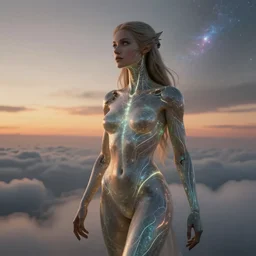 biblical beautiful female druid android, bright glowing veins all over skin, in clouds, sunset, supernova, by gerald brom, by peter elson, muted colors, extreme detail, reflections, trending on artstation, 8 k