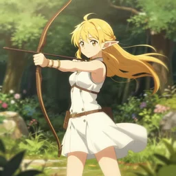 isekai cute anime girl elven archer. in a garden. aesthetic, golden ratio. beautiful lineart, depth focus, rankings pixiv, artstation, soft lighting, artistic pose, artstation, character concept, cinematic, motion blur, chromatic abberation. by dave greco, trent kaniuga, kienan lafferty