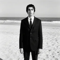 b & w photo of gomez addams at the beach