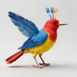 photo of an art instalation of a bird made of utensils, red airbrush on yellow saw tail, blue iron feathers, scissor beak, head made of colorful forks, digital art, 8 k