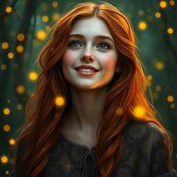young woman, smiling amazed, golden fireflies lights, full covering intricate detailed dress, amidst nature, long red hair, precise linework, accurate green eyes, small nose with freckles, beautiful oval shape face, empathic, expressive emotions, dramatic lights, hyper realistic ultrafine art by artemisia gentileschi, jessica rossier, boris vallejo