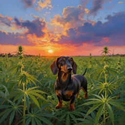a dachshund, surreal photography, cannabis field, sunset dramatic light, impressionist painting, colorful clouds, blue sky, digital painting, artstation, simon stalenhag