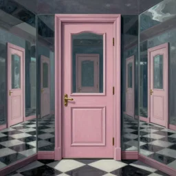 diego dayer, hyperrealistic surrealism, award winning masterpiece with incredible details, a surreal vaporwave painting of door leading to nowhere, mirrors everywhere, highly detailed, black and white checkered floor