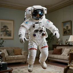 a single astronaut eva suit covered in diamond 3d fractal lace iridescent bubble 3d skin and covered with insectoid compound eye camera lenses floats through the living room, film still from the movie directed by Denis Villeneuve with art direction by Salvador Dalí, wide lens,