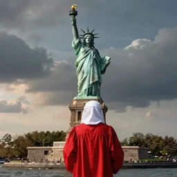 award winning photo of the Statue of Liberty at Ellis Island wearing red robe, white bonnet dramatic, cinematic lighting, 4k