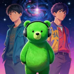 a green humanoid bear with headphones looking in front of the camera by inio asano, beeple and james jean, aya takano color style, 4 k, super detailed, night sky, digital art, digital painting, celestial, majestic, colorful, artstation, front