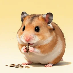 A fuzzy little hamster eating a seed, yellow gradient ackground, extra detailed, digital illustration, by Makoto Shinkai and thomas kinkade, digital painting, Matte painting, trending on artstation and unreal engine