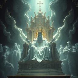 the all - beneficent settled on the throne, rossdraws art, tom bagshaw art, heaven lighting, highly detailed, 8 k, octane render