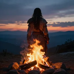 shaman behind bonfire twilight hyper realistic cinematic art 4 k great view high quality