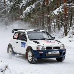 a 2 0 1 1 nissan micra, racing through a rally stage in a snowy forest