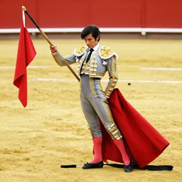 spanish matador with sword and red cape and flagged lance by akihiko yoshida