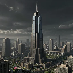 a massive tower in the style of Blade Runner, in the background a cityscape with huge buildings and bridges, nurnies, greebles, dark mood, photorealistic