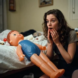 realistic detailed color kodachrome photo by linda eastman of bringing home a nice girl after a date into your messy apartment where she shocked and disgusted to see your half - deflated blow - up girl doll at the foot of your bed, by mort drucker, close up on surprised face of your date
