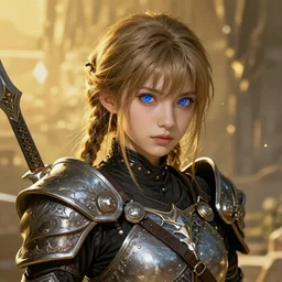 vivid portrait of the young girl warrior with blue eyes, in style of Dark Souls 3 and Elden Ring, by Wlop, fantasy matte painting, golden ratio, trending on cgsociety, cinematic, highly detailed, trending on artstation, highly detailed, vibrant