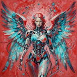a beautiful painting a portrait of cyborg angel, symetrical scene, symetric character, wires and vines in fractal, trending in artstation, octane render, red and cyan, 8 k, variations, by peter mohrbacher, zaha hadi