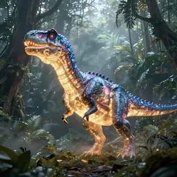 glowing psionic psychic dinosaur in a foggy jungle, fantasy concept art