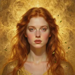epic painting of beautiful goddess with red brown hair, golden glowing high quality luxurious background, close up portrait, photography by amy leibowitz, wlop, jeremy lipkin, beeple, intricate golden fractals, tea leaves flying in the sky, symmetrical front portrait, artgerm