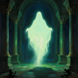 a glowing silhouette ghost in massive futuristic fantastical classical halls of creation. night time, strong shadows. deep green blue tones. renaissance masterpiece. highly detailed sci - fi fantasy painting by norman rockwell, frank frazetta, johfra bosschart, and syd mead. rich colors, high contrast, dark background. artstation