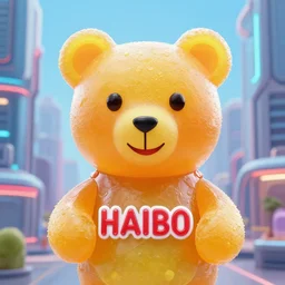 portrait of haribo bear in future city, color and shape focus