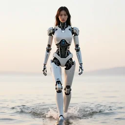 beautiful centered fine art photo portrait of hoyeon jung as a solarpunk robotic humanoid, white mechanical parts with bright halogen lights, walking into water, ultra - realistic and detailed, white background, sunset lighting, soft focus, slow exposure hdr 8 k