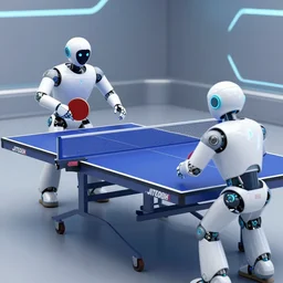 two robots playing table tennis on a futuristic table tennis table, amazing detail, photorealistic